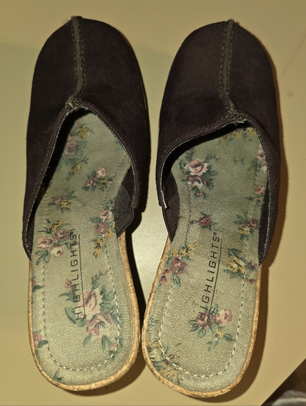 Women’s SZ 6 Highlights Brown Slip-On Floral Insole Mules With Cork